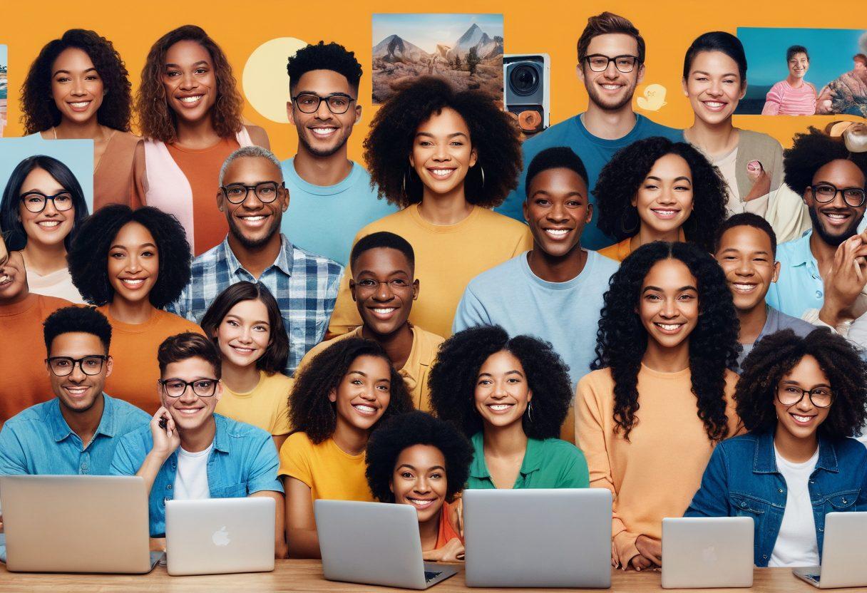 A vibrant collage of diverse individuals engaging in photography together in various online settings, showcasing the joy of connection. Include elements like cameras, laptops, and social media icons, with smiling faces illuminated by soft, warm light. The background should represent a dreamy, interconnected digital landscape symbolizing online communities. super-realistic. vibrant colors. warm tones.