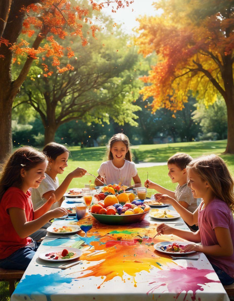 A dynamic collage capturing various everyday moments, such as a child playing in a park, friends sharing laughter, and a family gathering around a dinner table, all radiating vibrant emotions and colors. Incorporate elements of creativity like paint splashes and musical notes weaving through the scenes to symbolize transformation into ecstatic memories. The background should be a soft gradient that enhances the joy of the moments. super-realistic. vibrant colors.