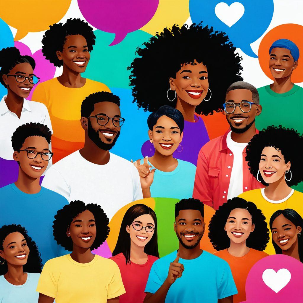 A vibrant, colorful collage of diverse people engaging in visual storytelling, such as painting, photography, and digital art. Include elements of community connection, like people sharing artwork online and smiling together. The background should be a bright, uplifting gradient that conveys joy and positivity. Incorporate playful graphical elements like speech bubbles or hearts to emphasize interactions. super-realistic. vibrant colors. warm background.